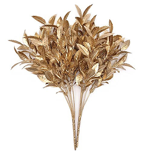 Artificial Plants Golden Leaf, for Christmas Plastic Fake Plant Leaves Bush Grass Decoration Fern Bushes Faux Shrubs Greenery Indoor Outside Planter Filler Festival Home Garden Decor, Gold Leaf 2 Pack | Amazon (US)