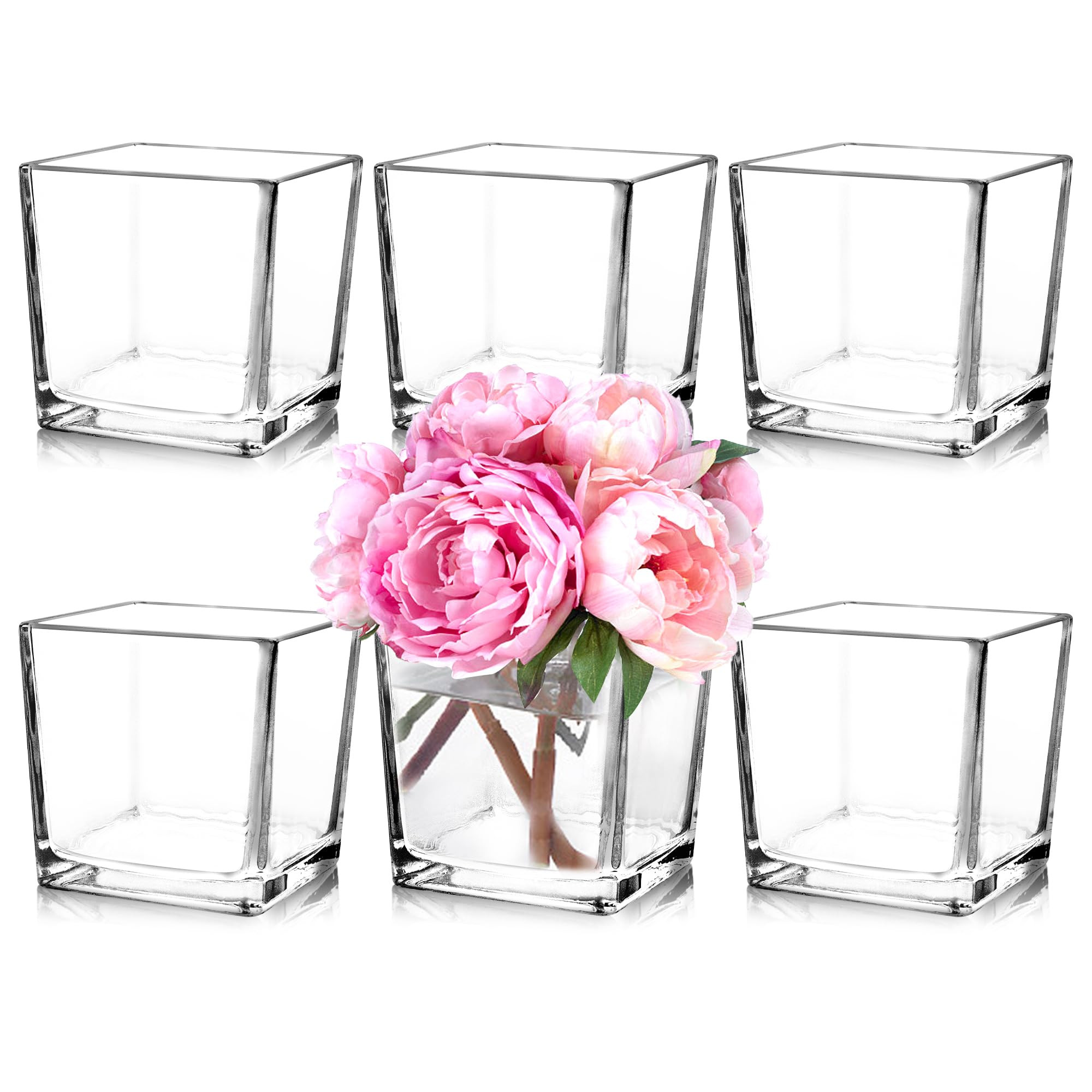 Set of 6 Square Glass Vases 5" x5" x 5", Clear Flower Vases for Centerpieces, Candle Holder for Wedding Party Events, Home Décor | Amazon (US)