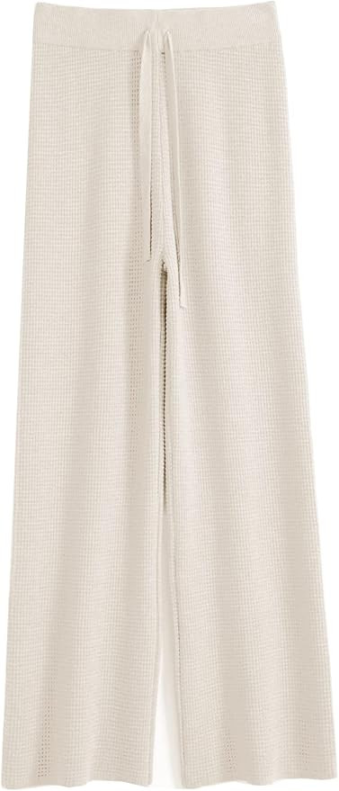 Womens Waffle Knit Lounge Wide Leg Pants High Elastic Waist Flowy Sweater Pants with Drawstring | Amazon (US)