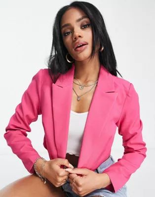 Missguided co-ord shirred strap mini dress and cropped blazer in bright pink | ASOS (Global)