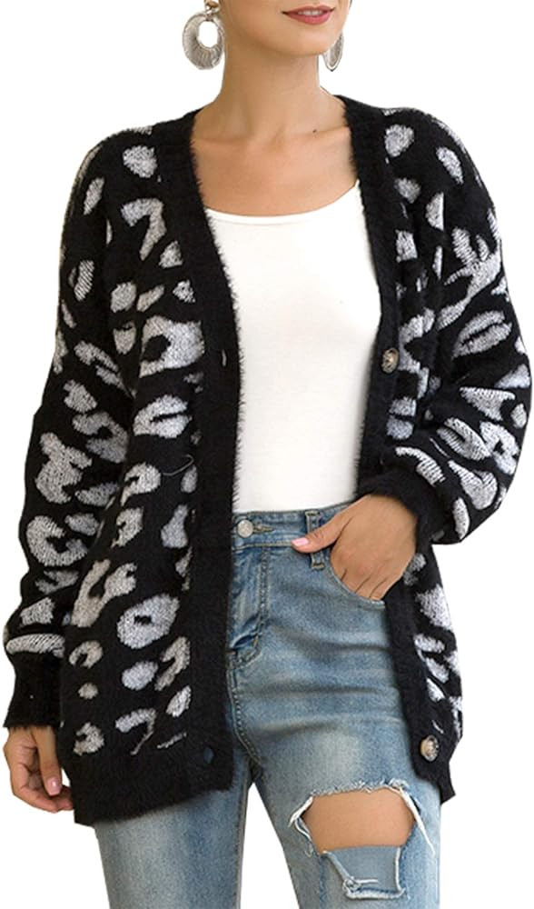 BTFBM Women Fashion Leopard Print Button Down Long Sleeve Soft Loose Knit Sweater Cardigan Coat F... | Amazon (US)