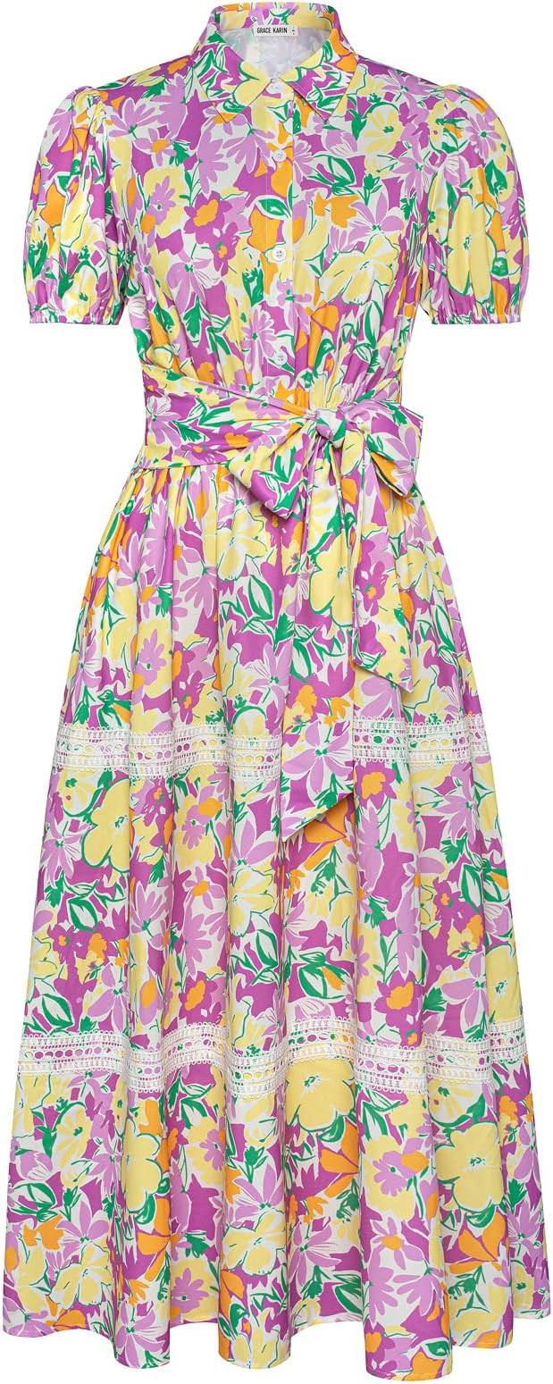 GRACE KARIN Women's 2025 Summer Floral Flowy Dresses Boho Tie Belt Short Puff Sleeve A Line Maxi ... | Amazon (US)