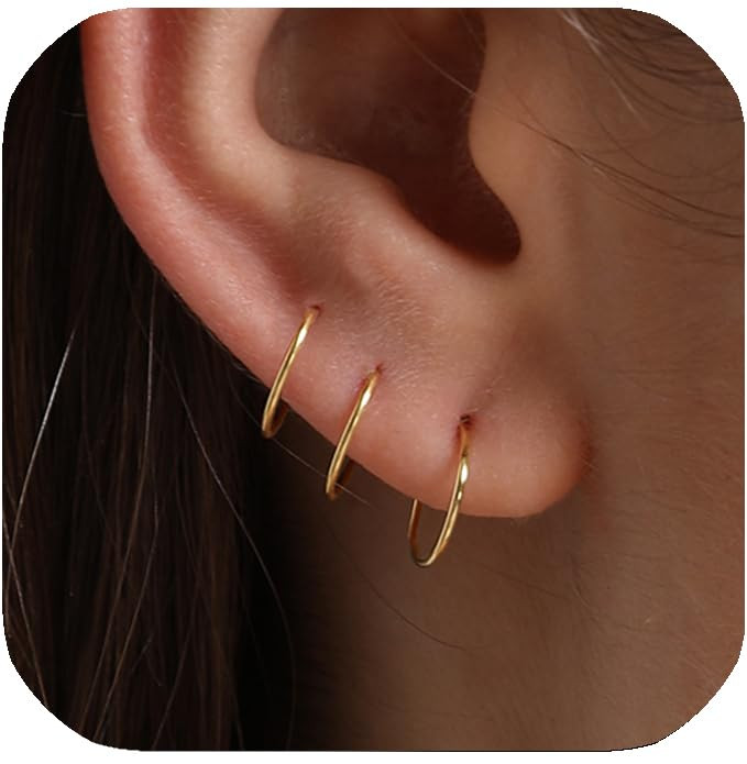 3 Pairs 14K Gold Plated 925 Sterling Silver Thin Small Gold Hoop Earrings Set for Women -Tiny Car... | Amazon (US)
