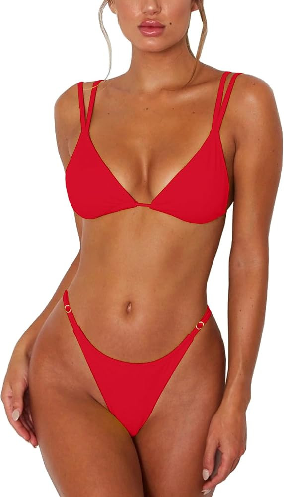 Women's Sexy Thong Bottom Two Piece Bikini Double Shoulder Straps Cute Swimsuit Triangle Bathing ... | Amazon (US)
