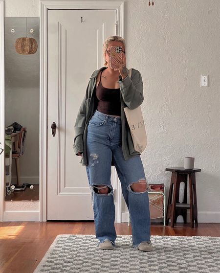 wearing a size large in the aerie shacket, size small in the cami, Jeans are thrifted BDG but linked a similar paid, boston birks are my TTS 6 narrow! 

#LTKSeasonal #LTKunder50 #LTKunder100