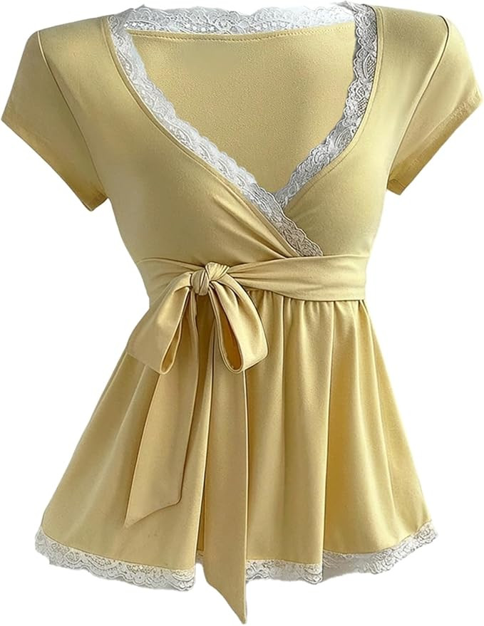 BEAUDRM Women's Y2K Lace Peplum Top Bow Tie Front Wrap V Neck Short Sleeve Cute Ruffle T Shirts | Amazon (US)