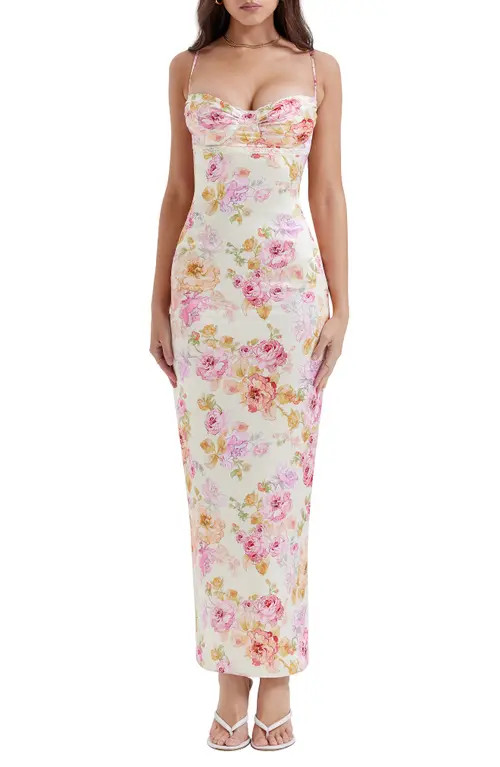 HOUSE OF CB Josefina Floral Bustier Bodice Stretch Satin Body-Con Dress in Ivory Floral at Nordstrom | Nordstrom