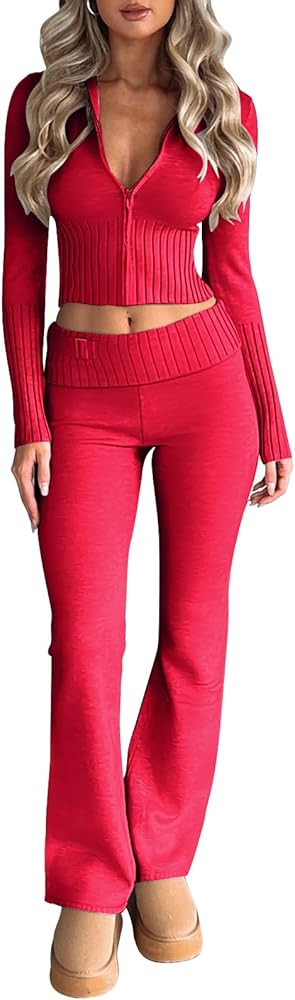 LILLUSORY 2 Piece Knit Sets Women's Trendy Slim Fit Hooded Sweatsuit Sets | Amazon (US)