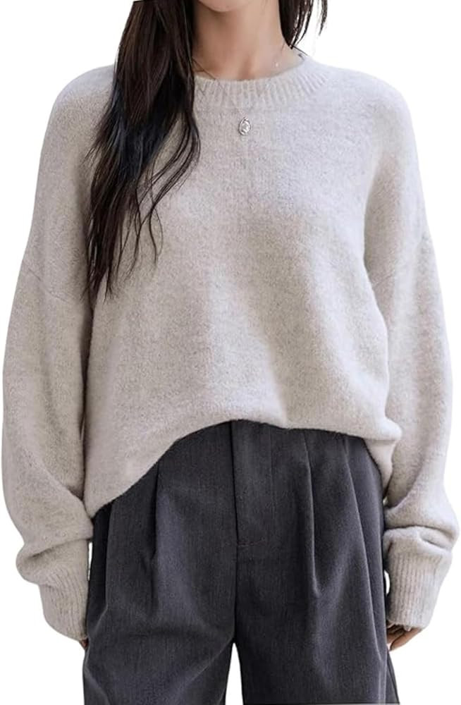 SHENHE Women's Casual Long Sleeve Crew Neck Plain Loose Sweater Cozy Sweater Pullover Top | Amazon (US)