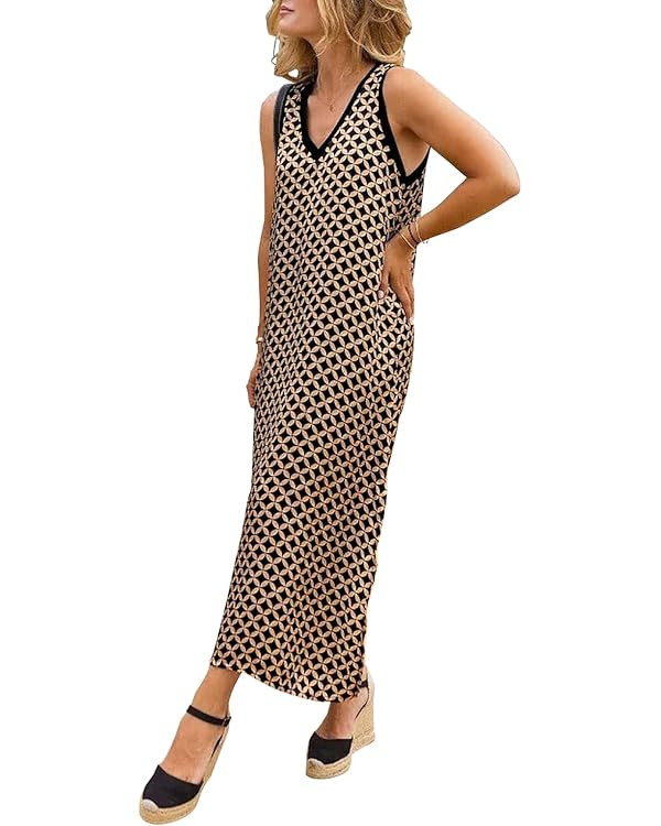 miduo Womens Casual Summer V Neck Sleeveless Floral Printed Beach Split Maxi Dress Sundress | Amazon (US)