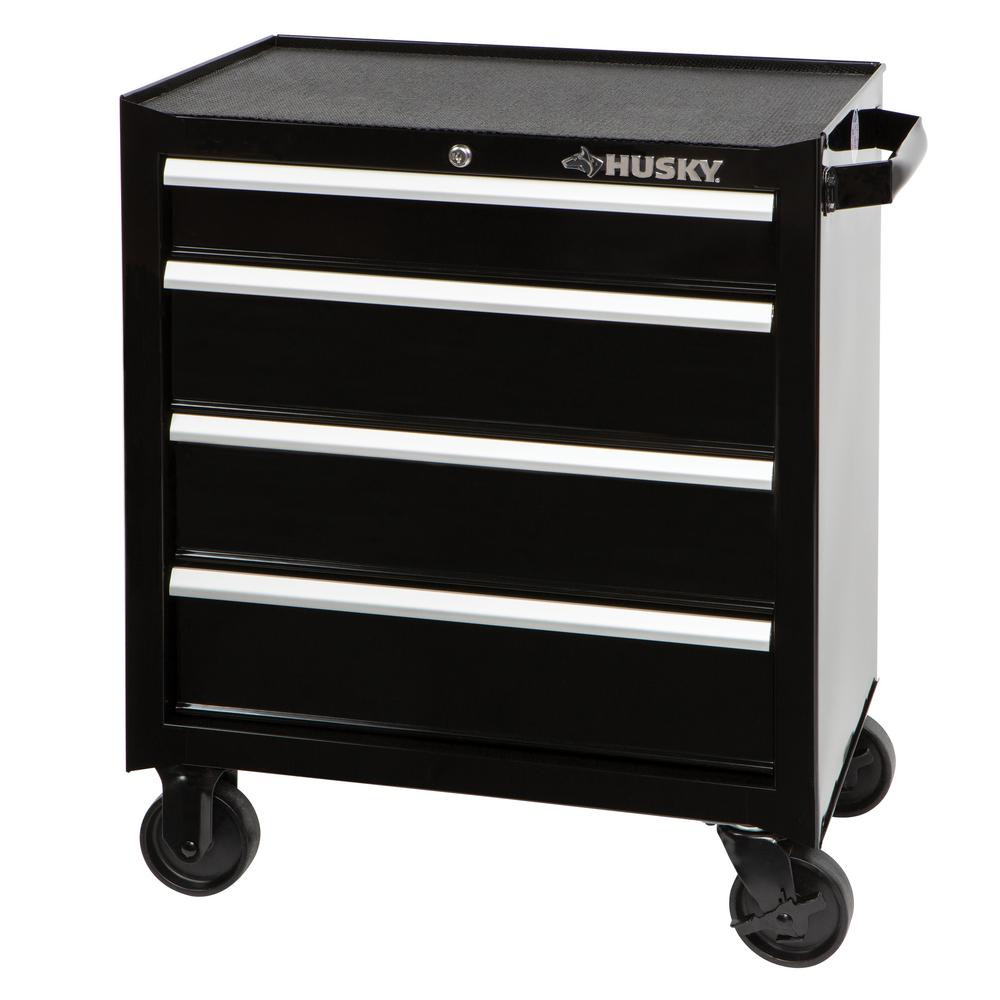 Husky 26 in. W 4-Drawer Rolling Cabinet Tool Box Chest in Gloss Black-HKST98066BK - The Home Depo... | The Home Depot