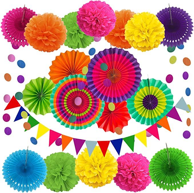 ZERODECO Party Decoration, 21 Pcs Multi-color Hanging Paper Fans, Pom Poms Flowers, Garlands Stri... | Amazon (US)