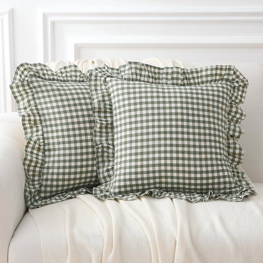 2 Pack Sage Green White Plaid Ruffle Throw Pillow Covers 18x18 inches, 100% Cotton Gingham Checke... | Amazon (US)