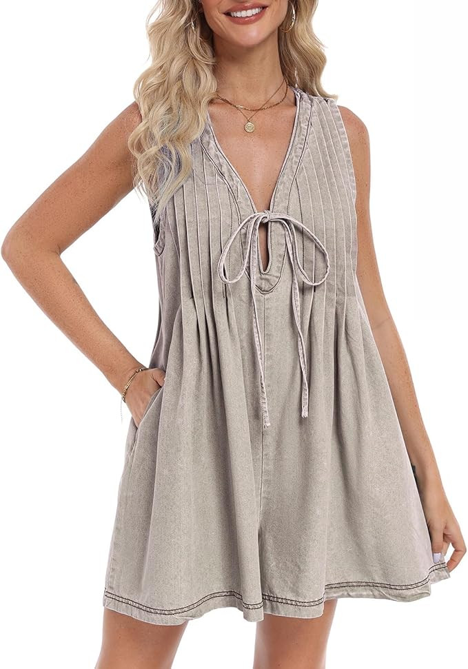 Vidifid Women's Denim Romper Casual Summer Sleeveless Jean Romper Tie Front V Neck Ruffle Jean Sh... | Amazon (US)