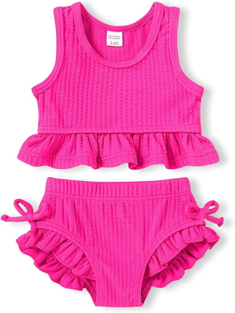 HAPPYMA Baby Swimsuit Toddler Girl Bathing Suit Summer Solid Color Bikini Set Beach Two Piece Swi... | Amazon (US)