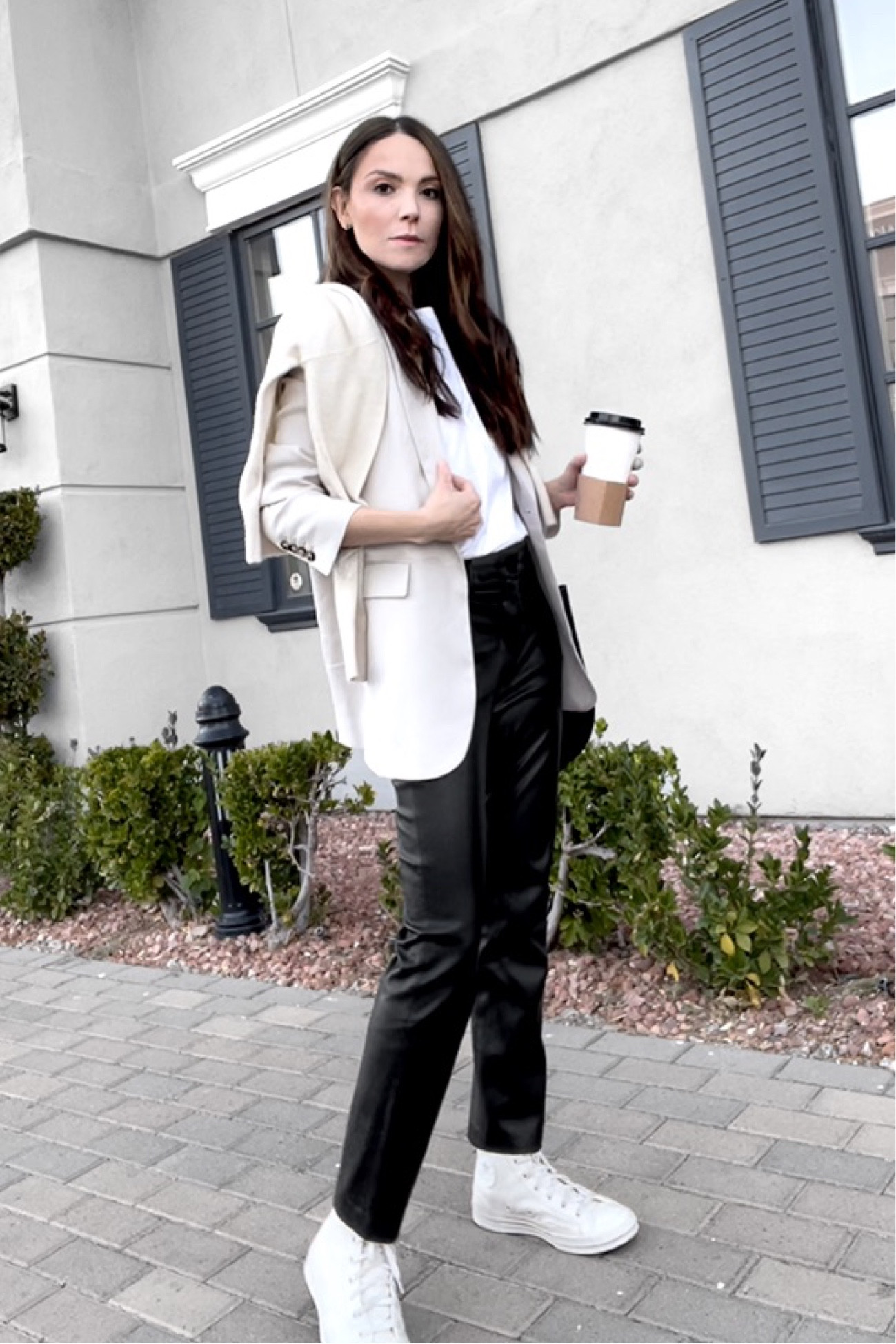 White High Top Sneakers with Black Leather Pants Outfits For Women