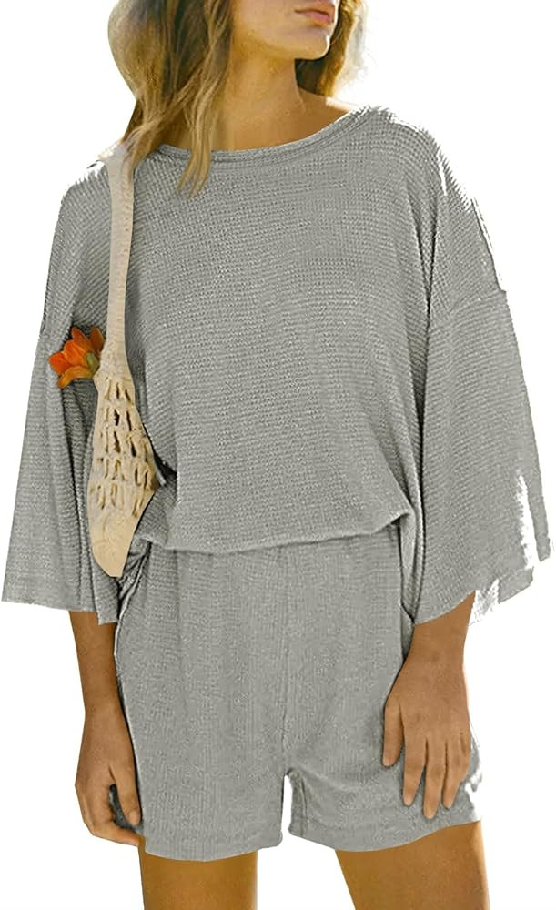Tankaneo Womens Short Sets 2 Piece Outfits 3/4 Sleeve Tops and Elastic Waist Shorts Lounge Set Ca... | Amazon (US)
