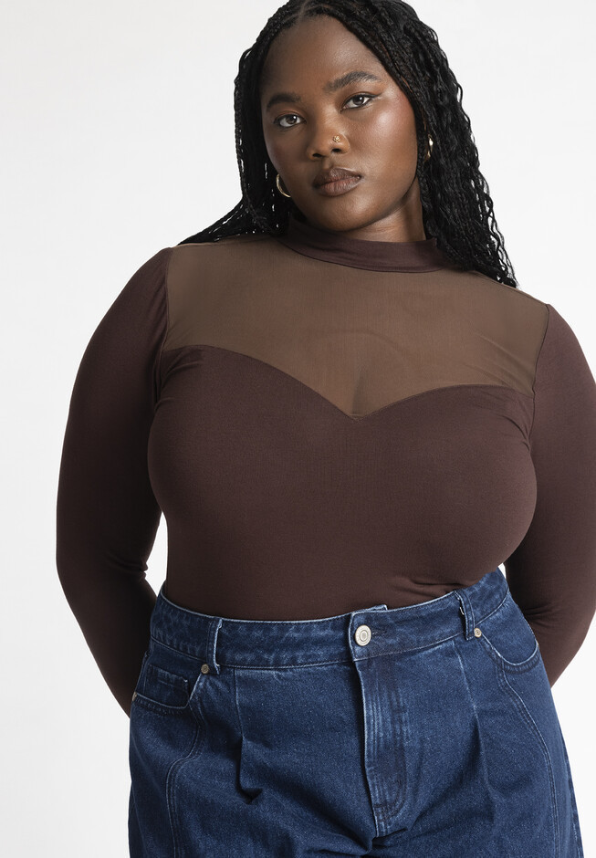 Mesh Yoke Mock Neck Top | Eloquii