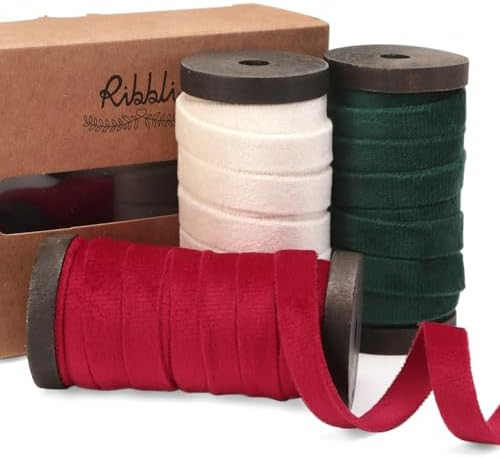 Ribbli Red White Green Velvet Ribbon 3 Rolls Double Faced 3/8 Inch 18-Yard with Wooden Spool Use ... | Amazon (US)