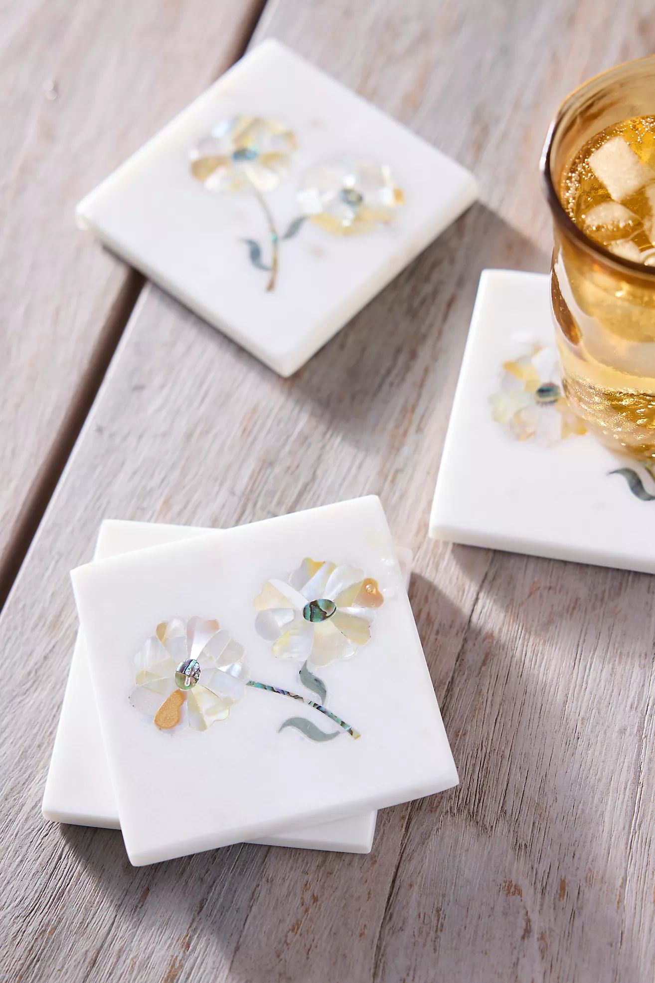 Floral Inlay Marble Coasters, Set of 4 | Anthropologie (US)