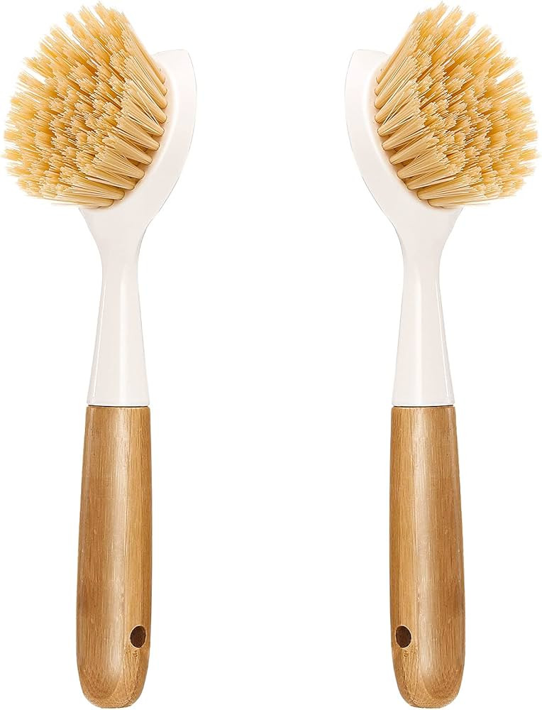 2 Pack Kitchen Dish Brush Bamboo Handle Dish Scrubber Built-in Scraper, Scrub Brush for Pans, Pot... | Amazon (US)