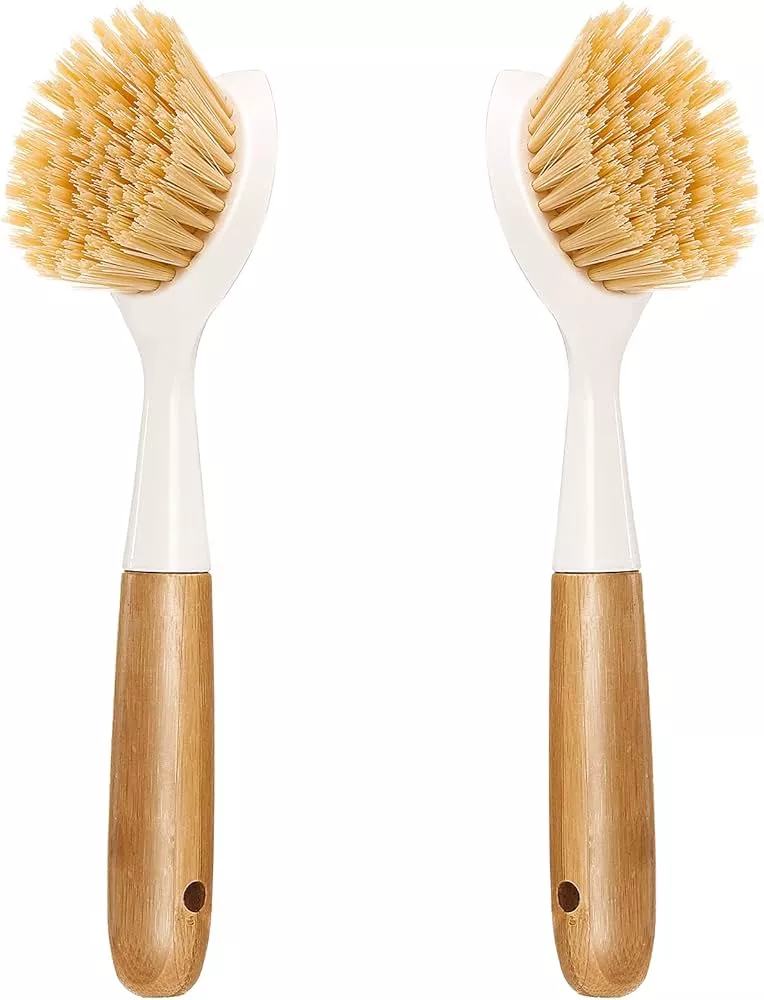 HOMCDALY Bamboo Dish Brush with Holder, Ceramic Dish Brush Holder, Kitchen  Brushes for Dishes, Dish Scrub Brush, Kitchen Dish Brush and Holder