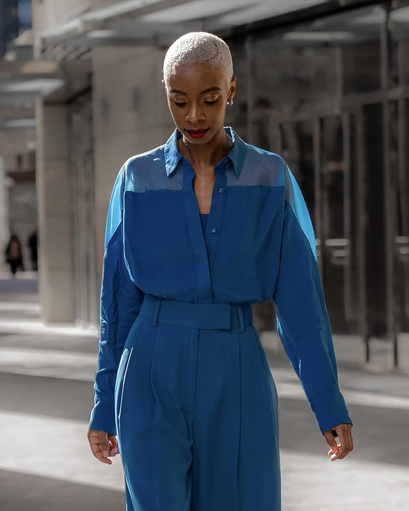 The Drop Women's Blue Sapphire Button Up Shirt with Organza Yoke by @signedblake | Amazon (US)