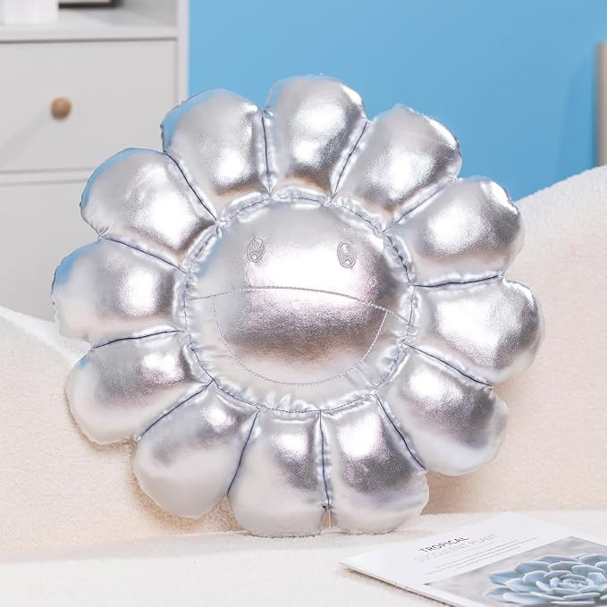 Silver Smiley Face Decor Flower Pillow, 16.53" Cute Decorative Pillow for Couch or Bedroom, Soft ... | Amazon (US)