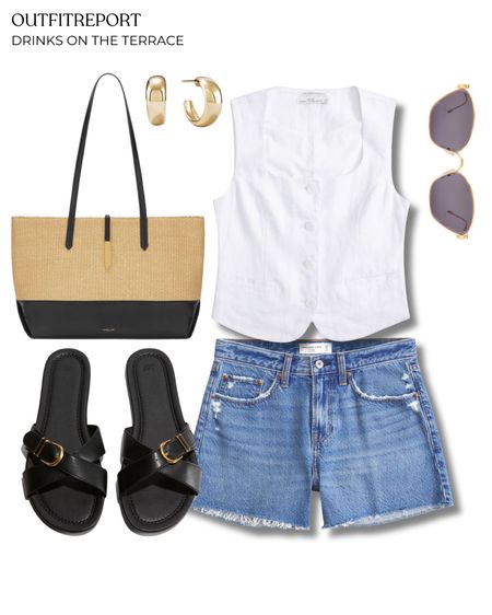 Summer spring outfit in denim shorts white vest top black sandals and demellier handbag 

#LTKshoes #LTKstyletip #LTKbag