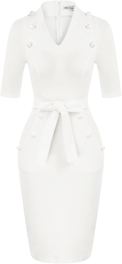 GRACE KARIN Women's Short Sleeve Bodycon Dress Belted Business Cocktail Funeral Pencil Dress with... | Amazon (US)