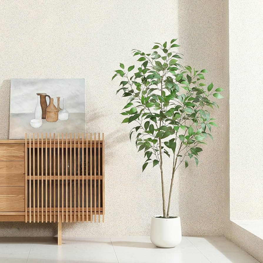 Artificial Ficus Tree,5FT Fake Tree in White Imitation Ceramic Planter with Lifelike Moss,Faux Fi... | Amazon (US)