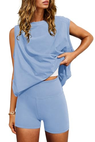 Nirovien Women 2 Piece Outfits Workout Sets Summer Matching Lounge Set Tunic Tops and Biker Short Sets(Grey Blue,S) | Amazon (US)