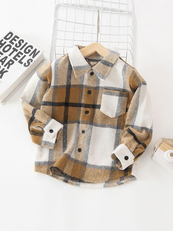 SHEIN Kids Academe Toddler Boys Plaid Patched Pocket Coat | SHEIN