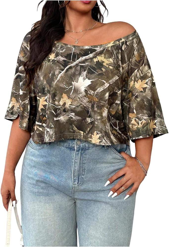WDIRARA Women's Plus Size Camo Print Off The Shoulder T Shirts Short Sleeve Tee Loose Crop Top | Amazon (US)