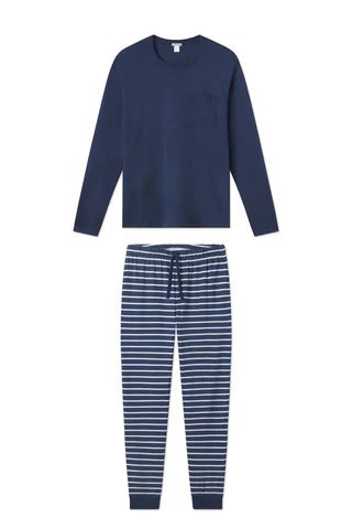 Men's Pima Pocket Long-Long Set in Navy Breton Stripe | Lake Pajamas
