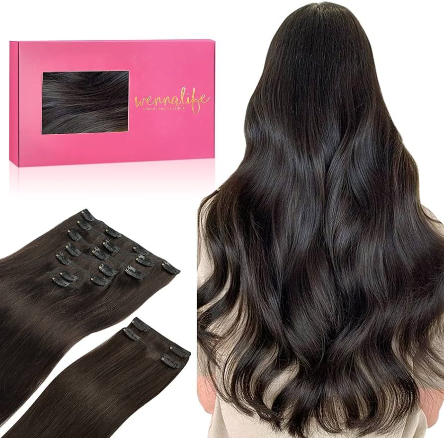 WENNALIFE Clip in Hair Extensions, 150g 18 Inch 9pcs Dark Brown Human Hair Extensions Thicker Cli... | Amazon (US)