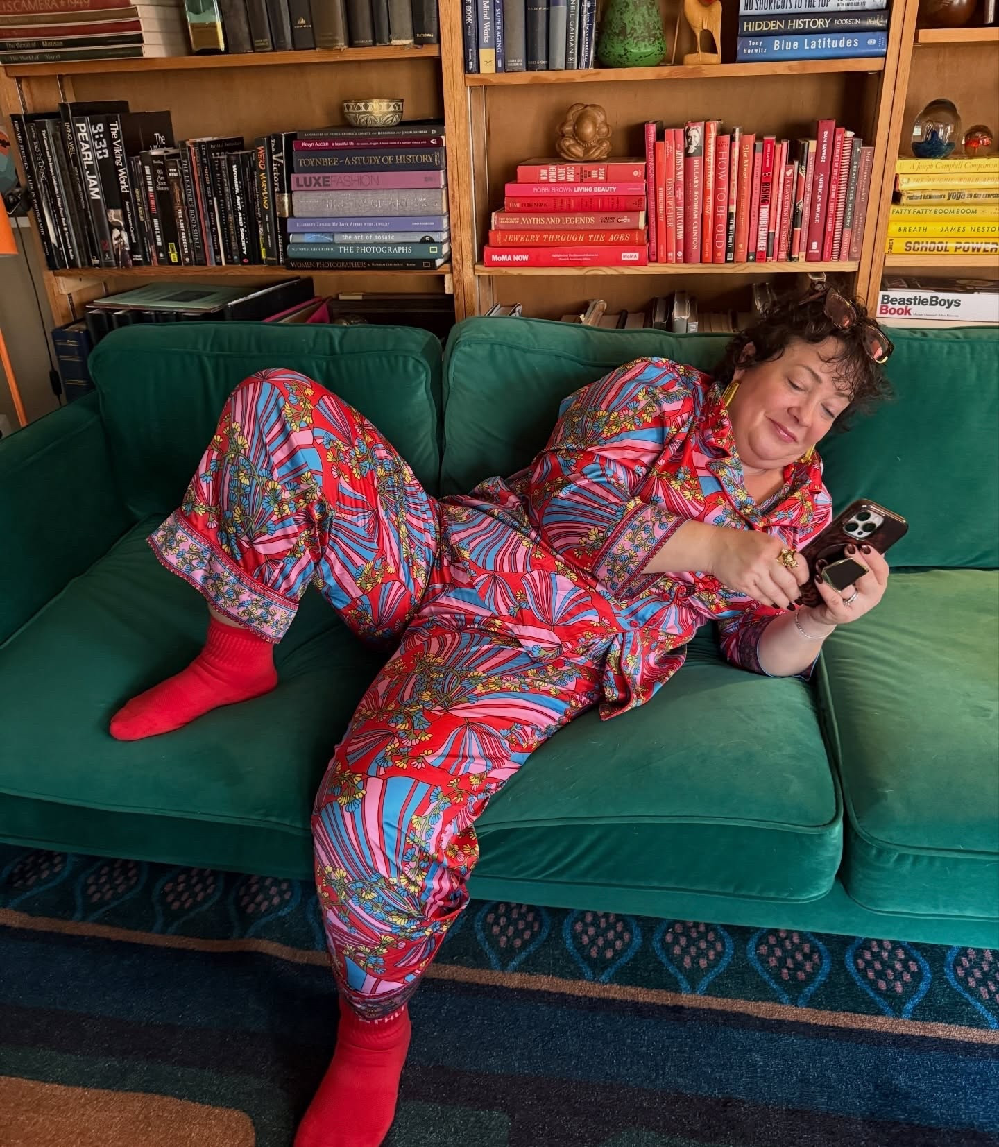 Me reading your DMs 

(and essentially what I’ll be wearing now through 12/31)

And because y’all may ask and I my be slow to respond this week:
Pajamas: old @showmeyourmumu tailored to fit my 5’3” self 
Sofa: @albanyparkhome 
Rug: @ruggable 
Phone case: @velvetcaviar with @popsockets grip