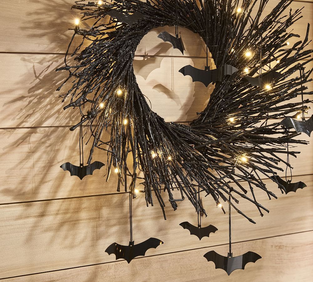 Light Up Black Glitter Branch Wreath with Bats | Pottery Barn (US)