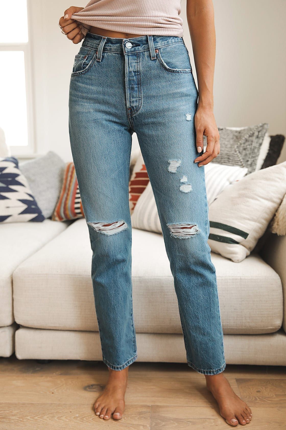 501 Original Fit Distressed Medium Wash High-Rise Jeans | Lulus (US)