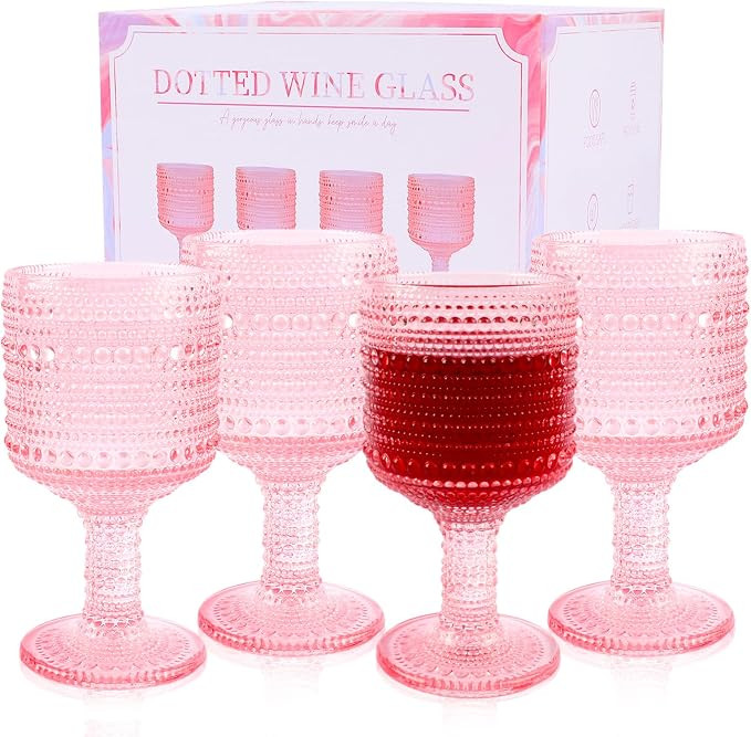 Pink Vintage Wine Glasses Set of 4 Goblets, Drinking Glasseware for Wedding Party Holidays Annive... | Amazon (US)