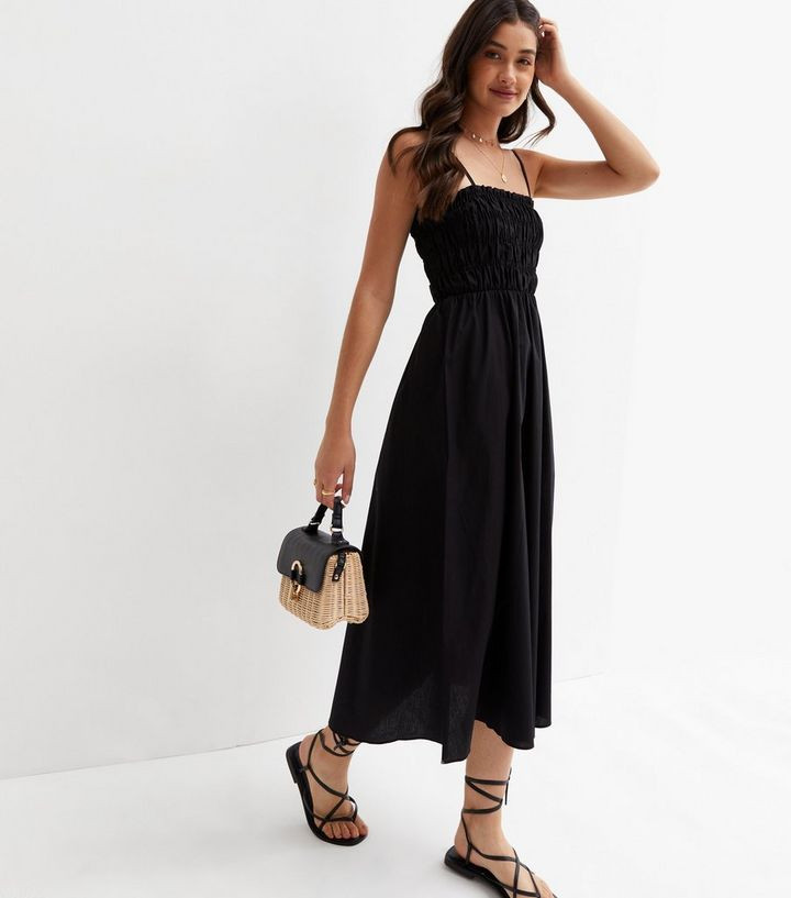 Black Poplin Shirred Square Neck Strappy Midi Dress
						
						Add to Saved Items
						Remove ... | New Look (UK)