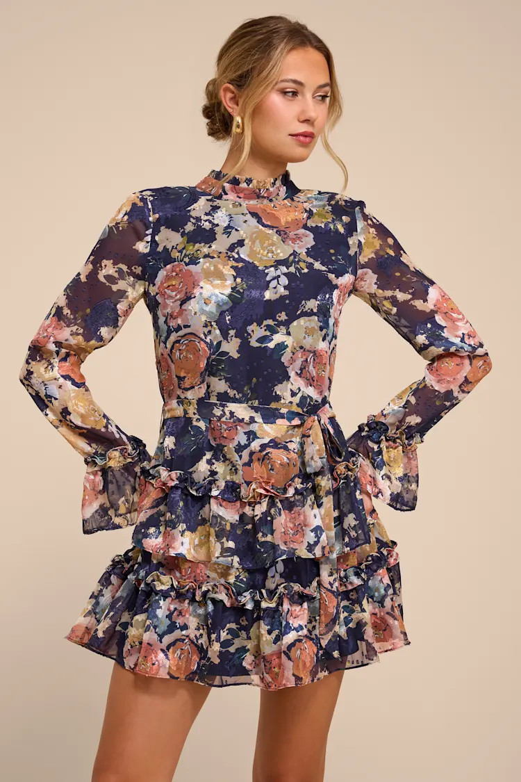 Lenna Navy Multi Floral Ruffled Mini Dress | Lulus
