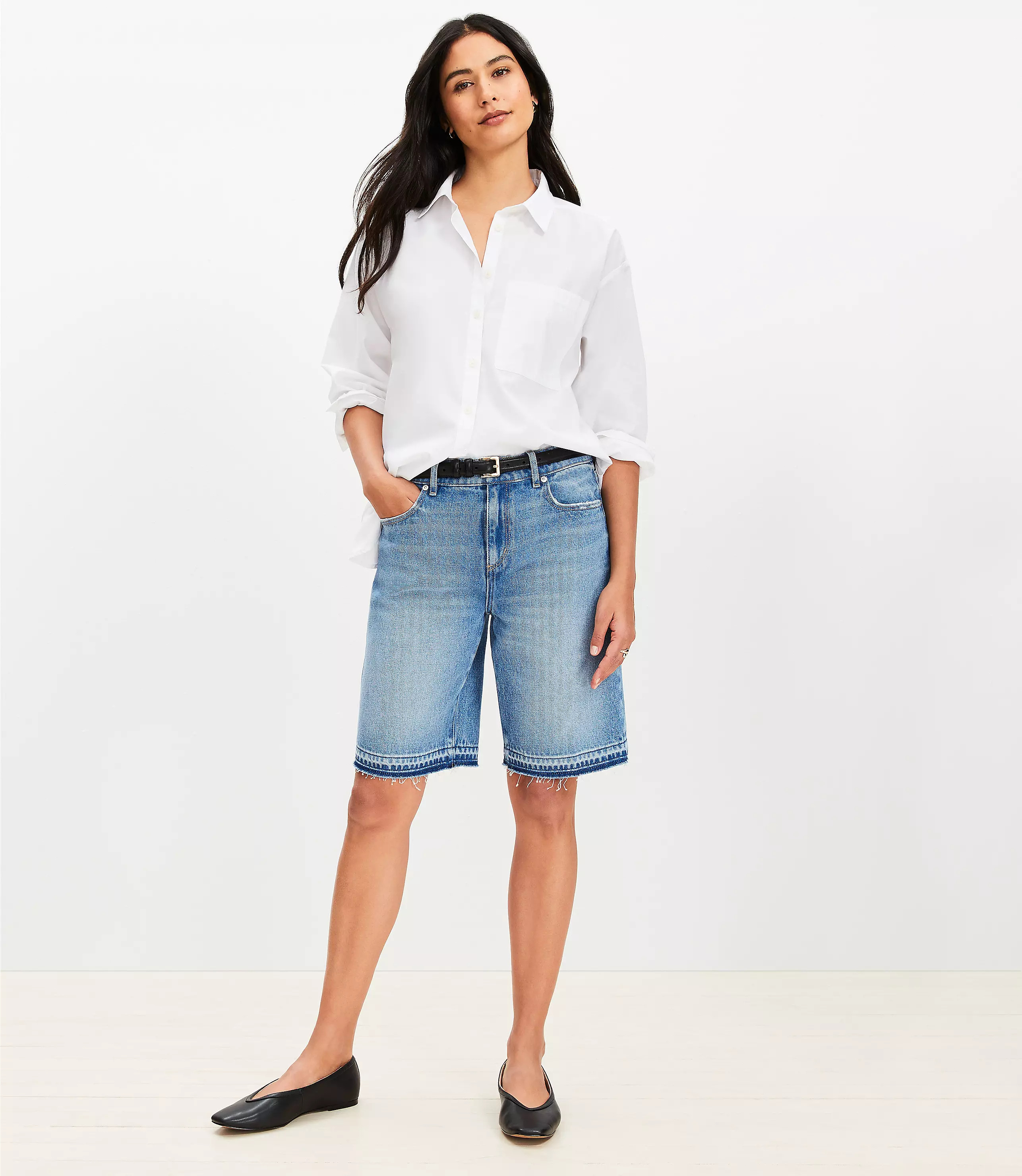 Let Down Hem Denim Bermuda Shorts in Bright Mid Indigo Wash | LOFT
