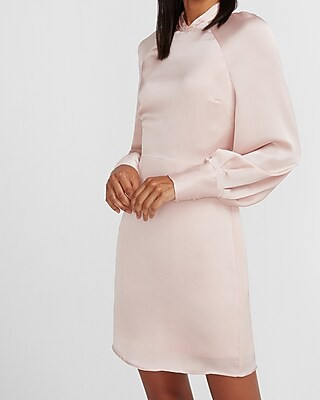 Satin Mock Neck Balloon Sleeve Dress | Express