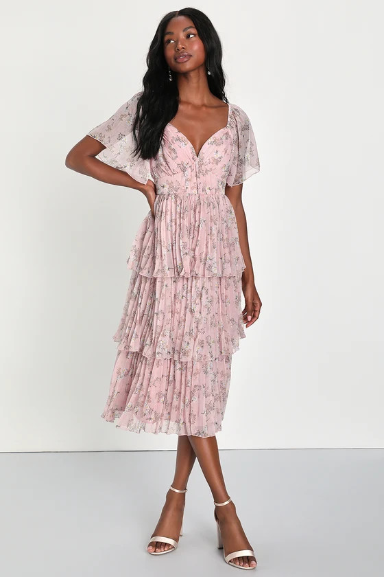 Gentle Charm Mauve Floral Print Pleated Tiered Midi Dress | Lulus (US)