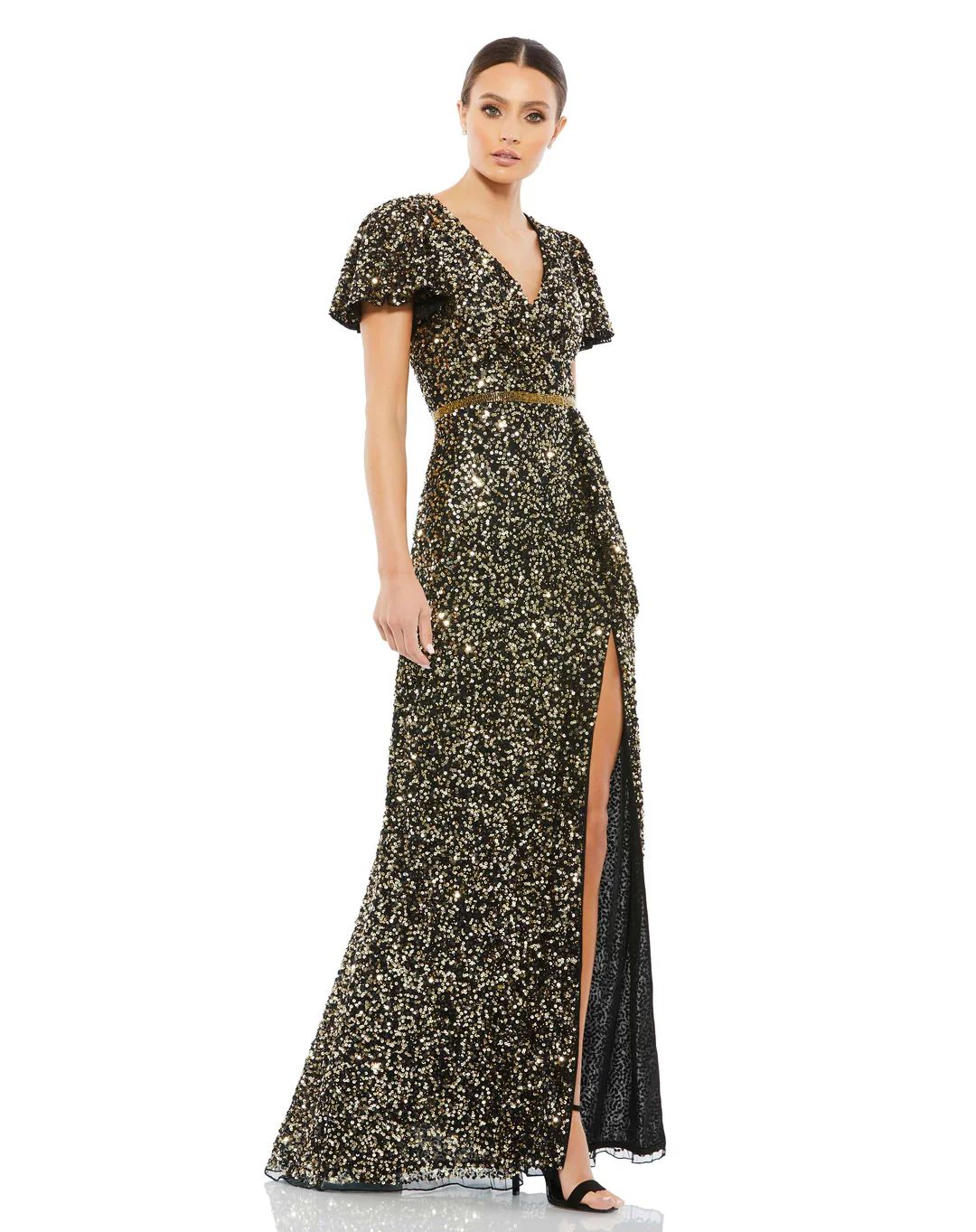 Sequined Wrap Over Butterfly Sleeve Draped Gown | Mac Duggal