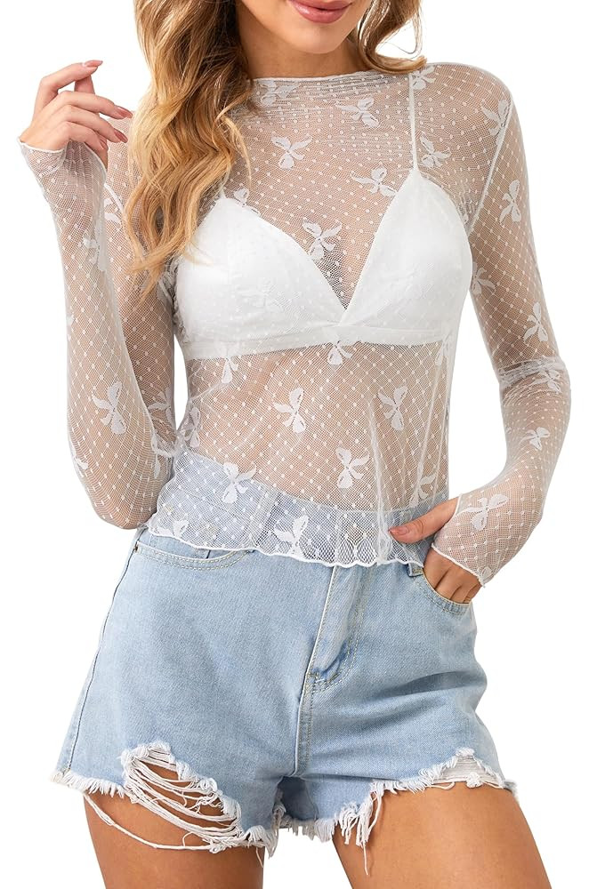 Lace Tops for Women Long Sleeve Sexy Mesh Top Going Out Dressy Sheer Top See Through | Amazon (US)