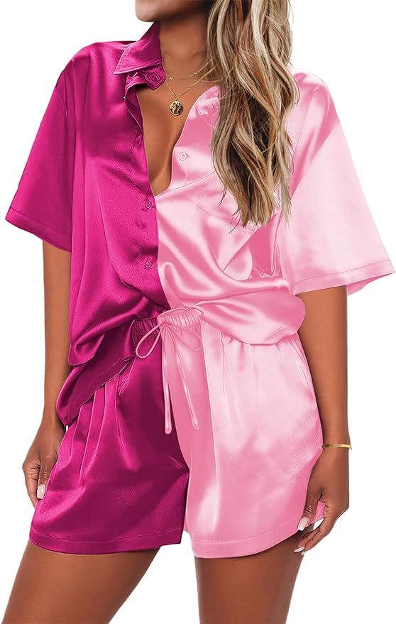 Ekouaer Pajamas for Women Silk Soft Sleepwear Short Sleeve Button Down Pjs Satin Top and Shorts 2... | Amazon (US)