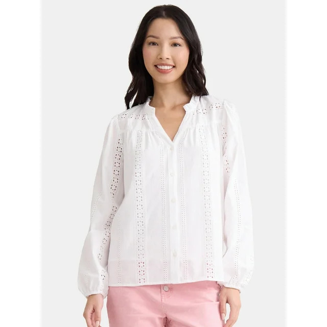 Time and Tru Women's Eyelet Embroidered Peasant Blouse, Sizes XS-XXXL - Walmart.com | Walmart (US)
