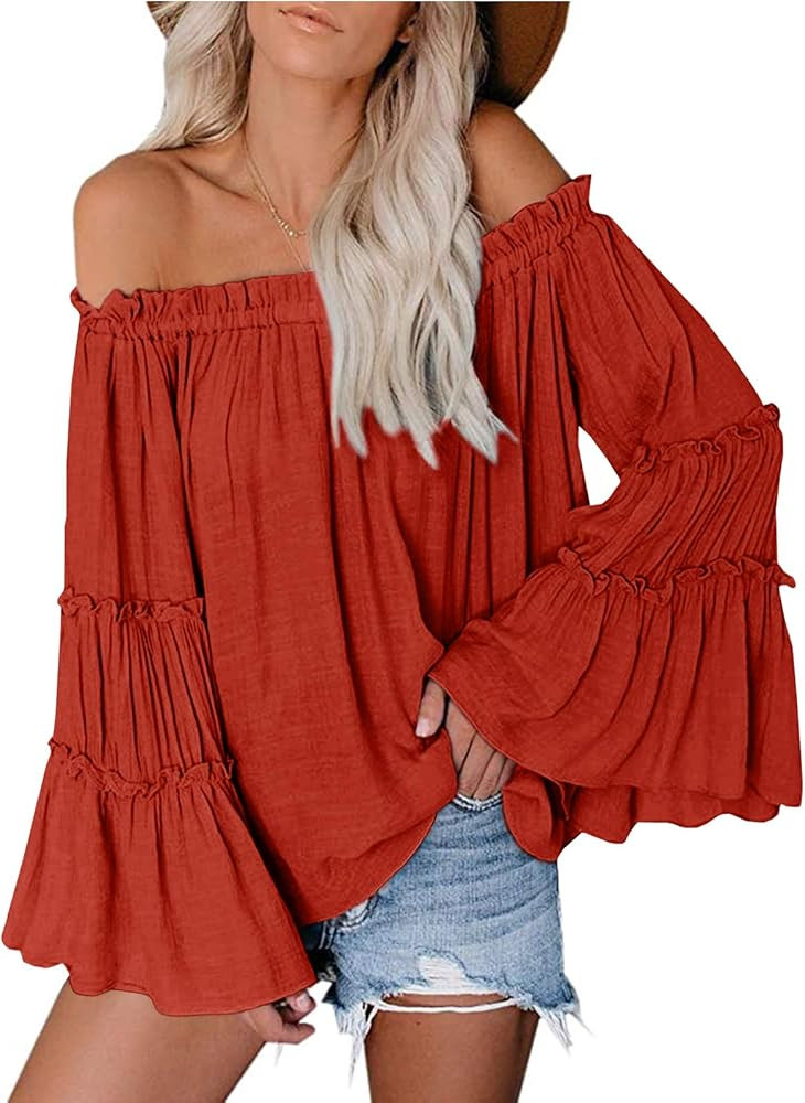 Womens Off The Shoulder Long Bell Sleeve Tops Flared Casual Loose Blouse at Amazon Women’s Clothing  | Amazon (US)